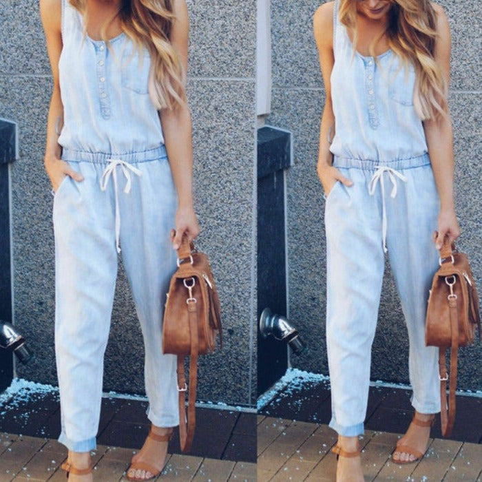 Women Summer Solid Sleeveless Denim Jumpsuit Long Trousers Trousers