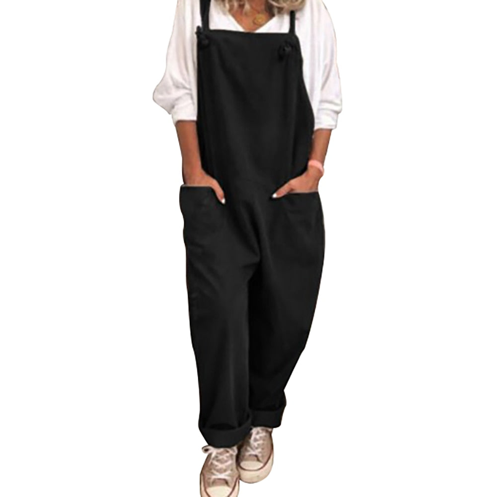 Women Casual Solid Strappy Vintage Cotton Linen Loose Party Overalls Rompers Jumpsuits