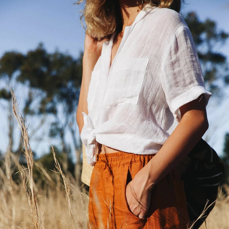 Women Tops And Blouse Tur Down Collar Short Sleeve Button Up Shirt