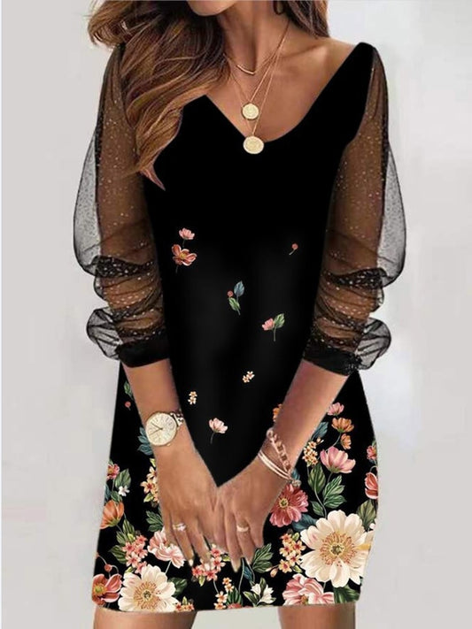 Women Patchwork Long Sleeve Print Party Dress