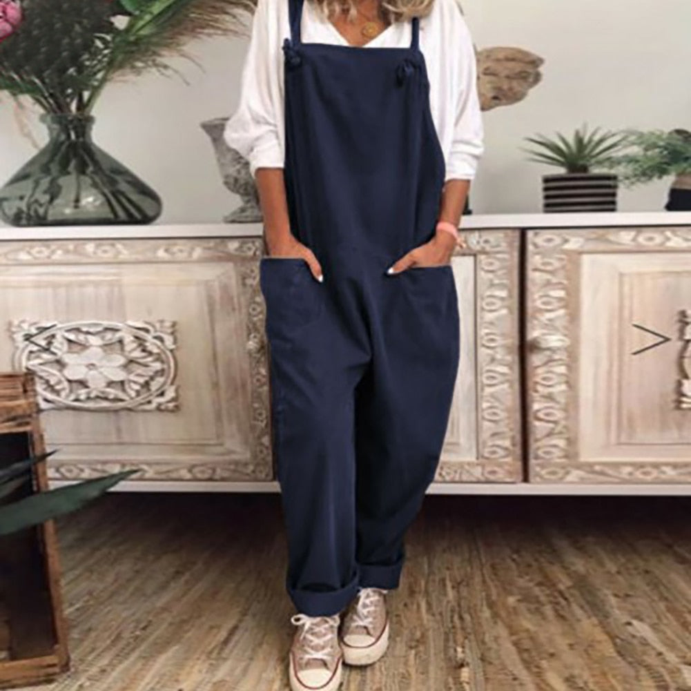 Women Casual Solid Strappy Vintage Cotton Linen Loose Party Overalls Rompers Jumpsuits