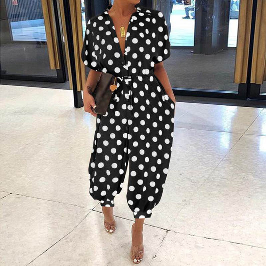 Point Lapel Long Button Oversized Bodysuits Dot Print Long Pants Slim Romper