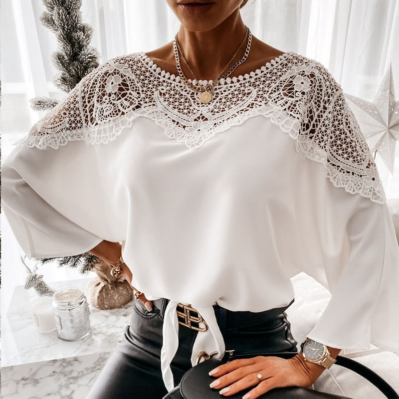 Women Sexy Lace Stitching White Shirts Vintage Elegant Ladies Tops
