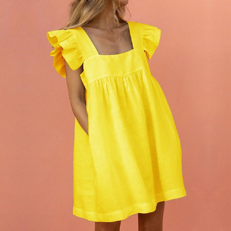 Women Ruffled Mini Dress Collar Pocket Dresses Elegant Butterfly Dresses