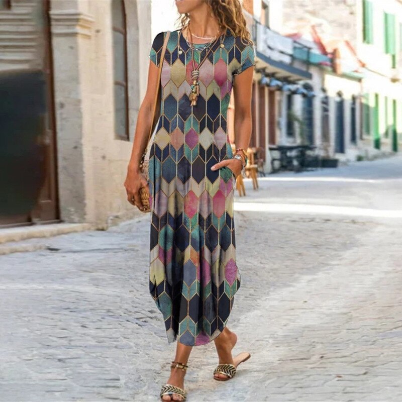 Women Floral Print Dress Short Sleeve Bohemian Long Dresses