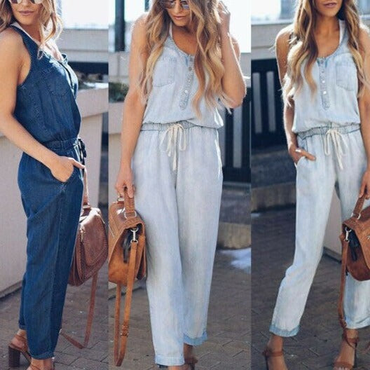 Women Summer Solid Sleeveless Denim Jumpsuit Long Trousers Trousers