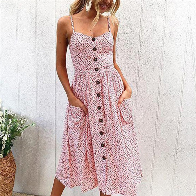 Women Floral Print Midi Dress Pocket Button Spaghetti Strap Prairie Chic Sundress