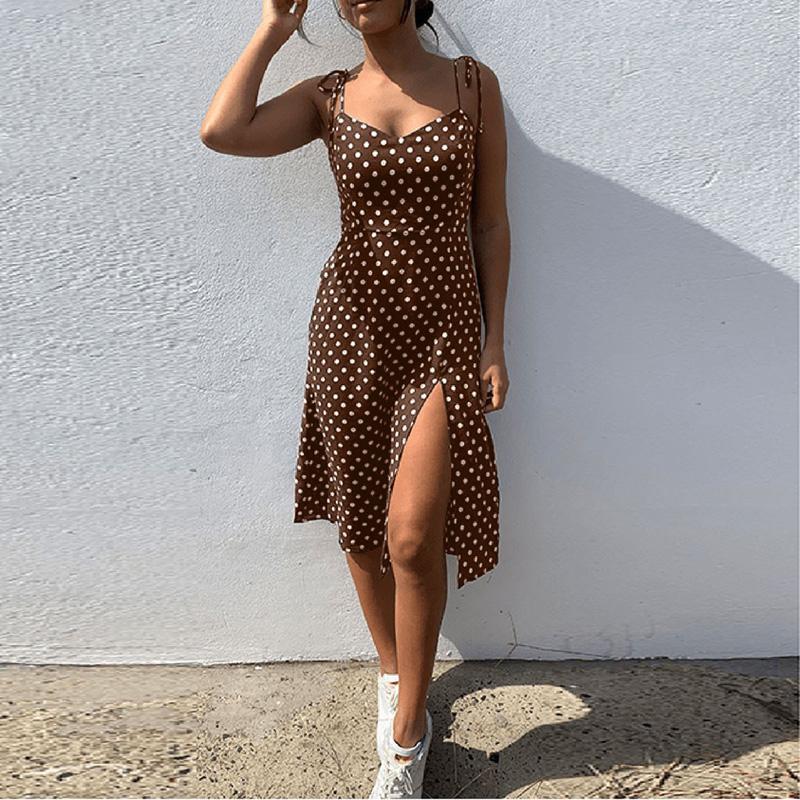 Women Causal Polka Dot Sleeveless High Pleated elastic waist V-Neck Beach Dress