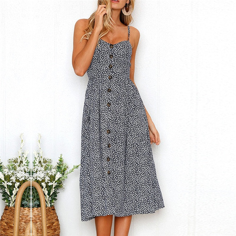 Women Floral Print Midi Dress Pocket Button Spaghetti Strap Prairie Chic Sundress