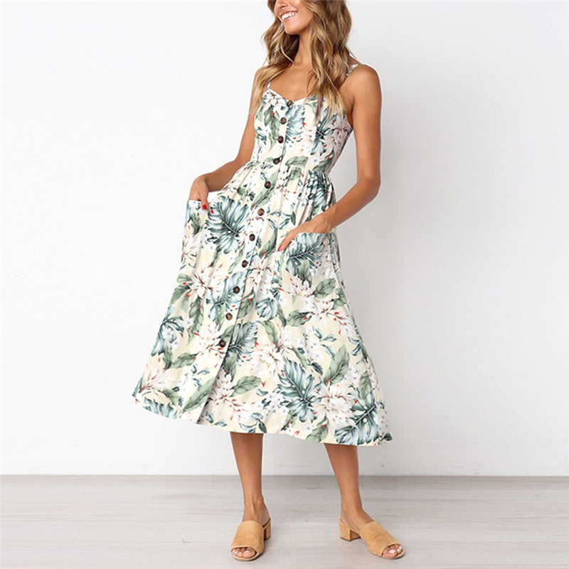 Women Floral Print Midi Dress Pocket Button Spaghetti Strap Prairie Chic Sundress