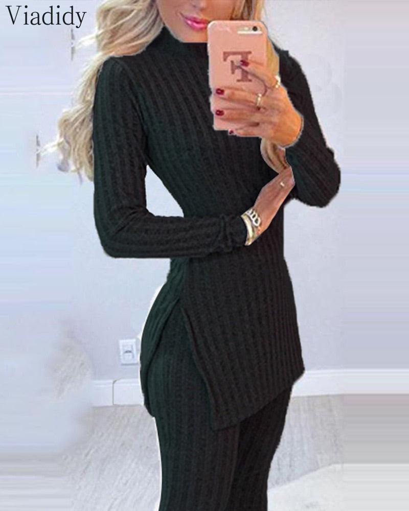 Women's 2-Piece Winter Suit with Long Sleeve Ribbed Slit Top and High Waist Knitted Pencil Pants