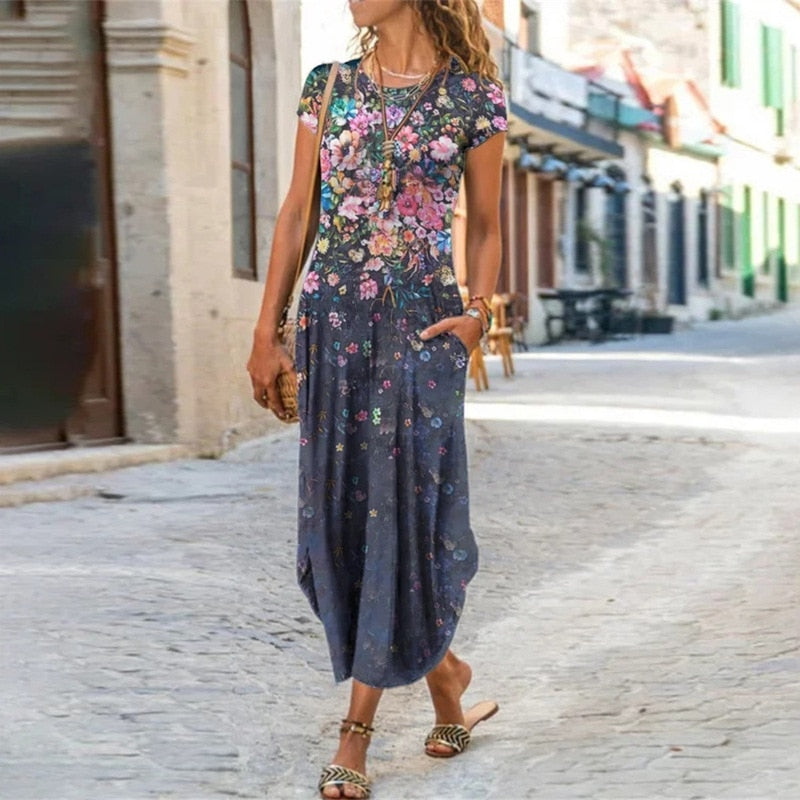 Women Floral Print Dress Short Sleeve Bohemian Long Dresses