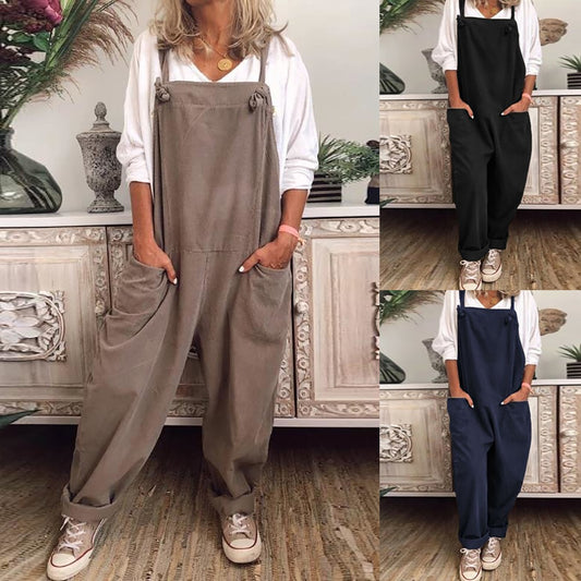 Women Casual Solid Strappy Vintage Cotton Linen Loose Party Overalls Rompers Jumpsuits