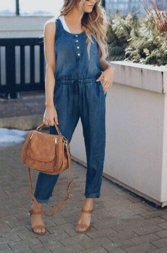 Women Summer Solid Sleeveless Denim Jumpsuit Long Trousers Trousers