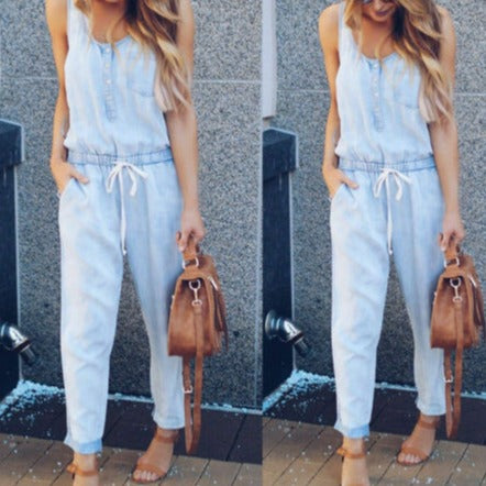 Women Summer Solid Sleeveless Denim Jumpsuit Long Trousers Trousers