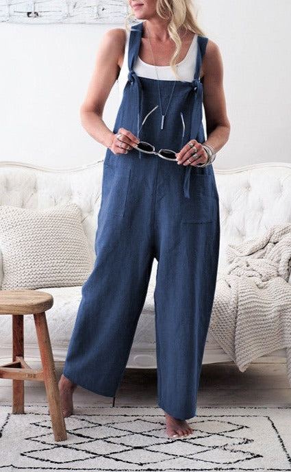 Women Casual Loose Cotton Linen Solid Pockets Jumpsuit Overalls Wide Leg Cropped Pants