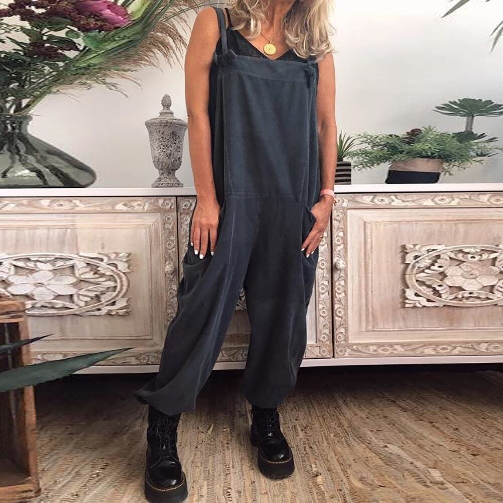 Women Casual Sleeveless Pockets Long Pants Strap Leisure Jumpsuit Overall