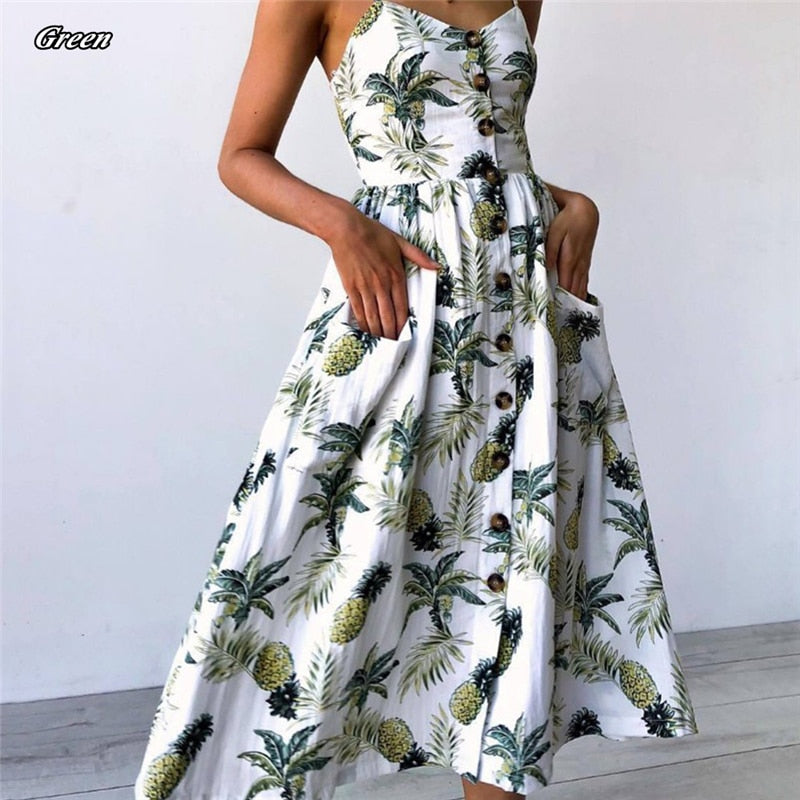 Women Floral Print Midi Dress Pocket Button Spaghetti Strap Prairie Chic Sundress