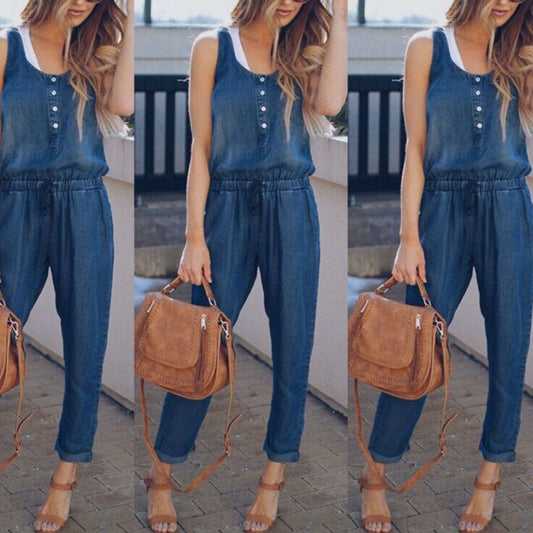 Women Summer Solid Sleeveless Denim Jumpsuit Long Trousers Trousers