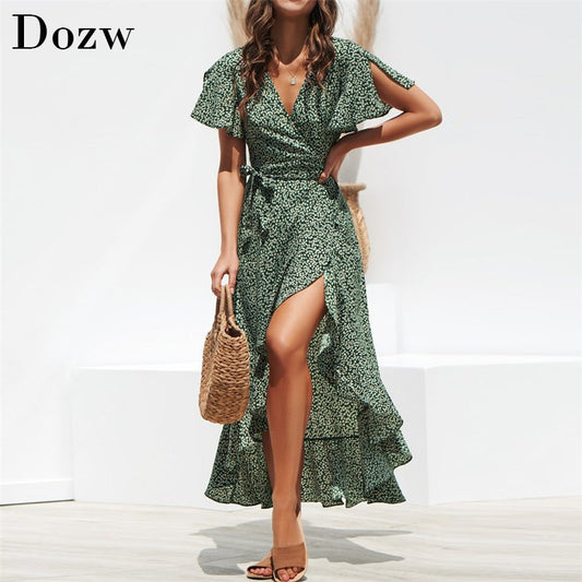 Women Floral Print Boho Long Chiffon Dress Ruffles Wrap Casual V-Neck Party Dress Robe