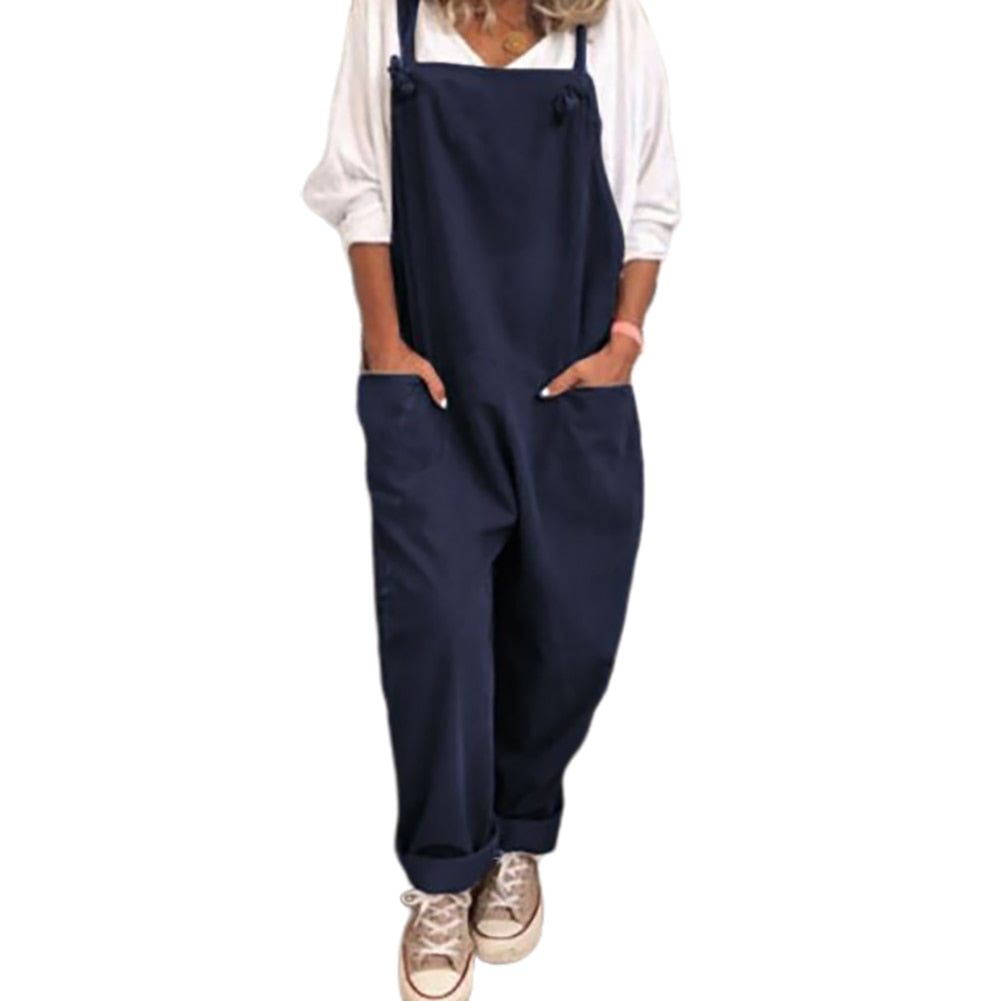 Women Casual Solid Strappy Vintage Cotton Linen Loose Party Overalls Rompers Jumpsuits