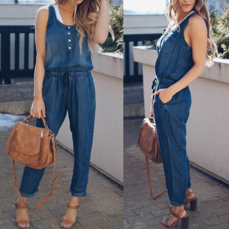 Women Summer Solid Sleeveless Denim Jumpsuit Long Trousers Trousers