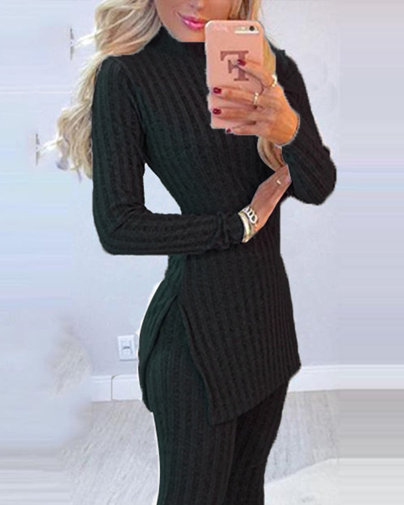 Women's 2-Piece Winter Suit with Long Sleeve Ribbed Slit Top and High Waist Knitted Pencil Pants