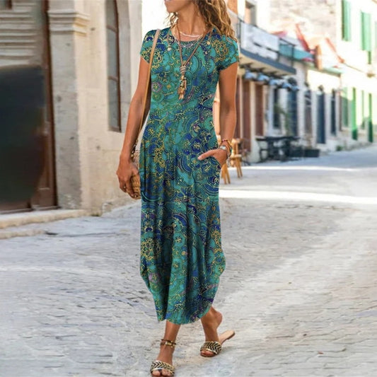 Women Floral Print Dress Short Sleeve Bohemian Long Dresses