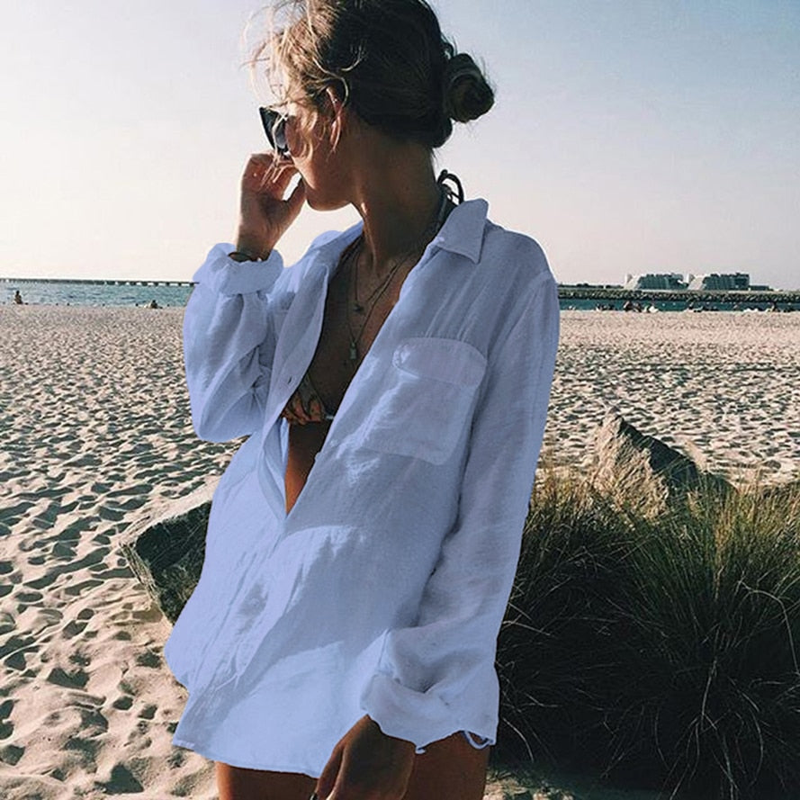 Women Summer Beach Wear Swim Suit Button Cover Up Blouse Fashion Tops