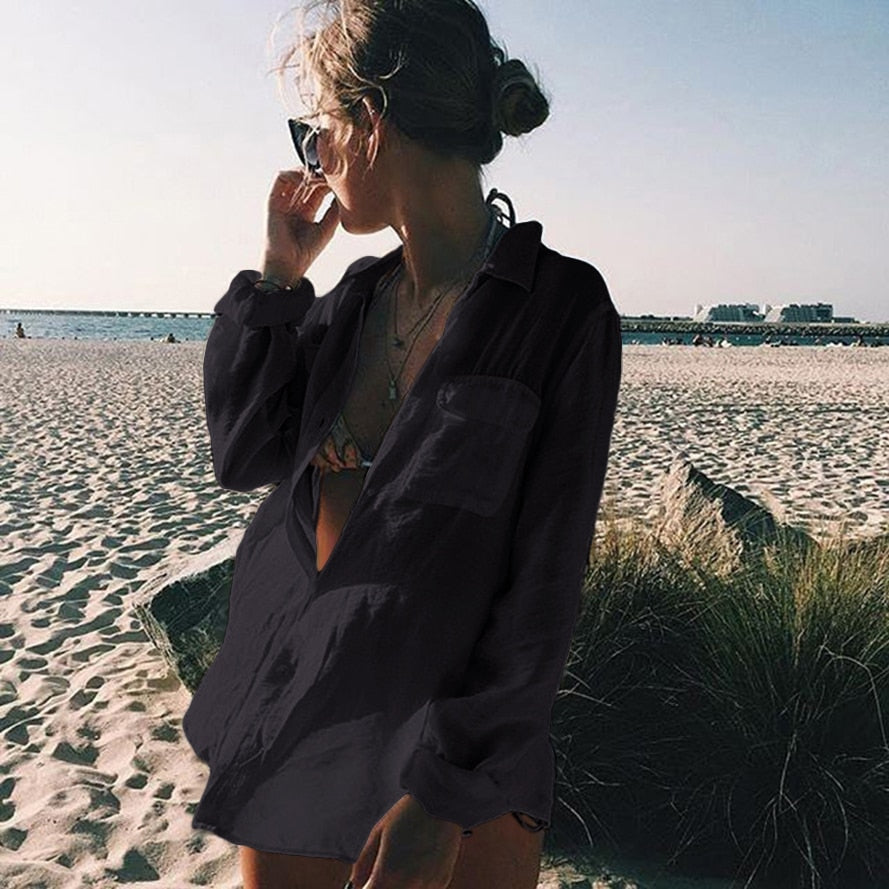Women Summer Beach Wear Swim Suit Button Cover Up Blouse Fashion Tops