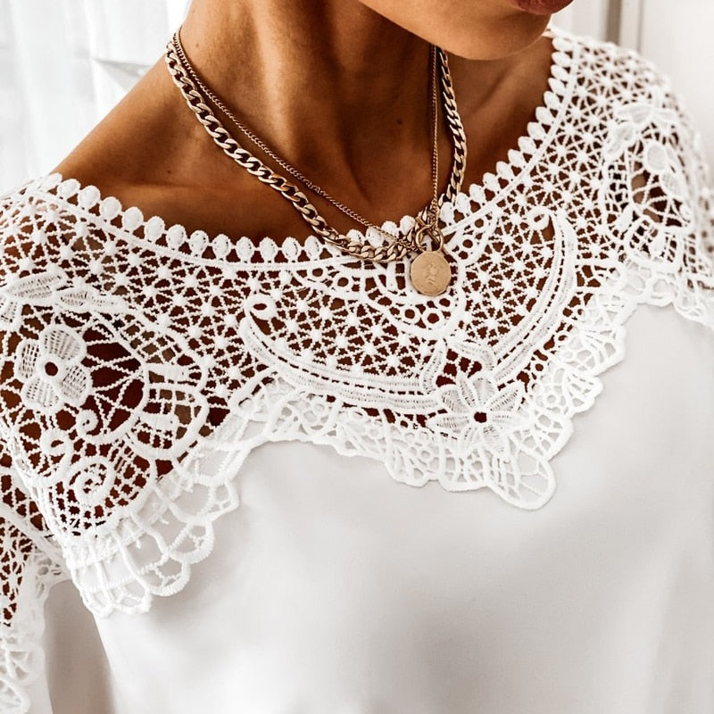 Women Sexy Lace Stitching White Shirts Vintage Elegant Ladies Tops