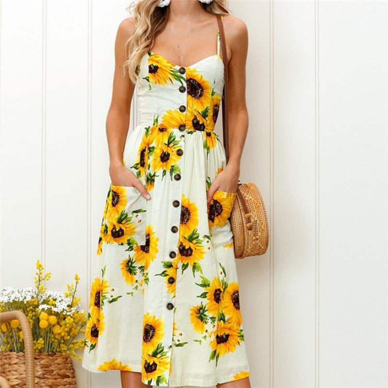 Women Floral Print Midi Dress Pocket Button Spaghetti Strap Prairie Chic Sundress