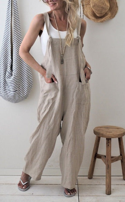 Women Casual Loose Cotton Linen Solid Pockets Jumpsuit Overalls Wide Leg Cropped Pants