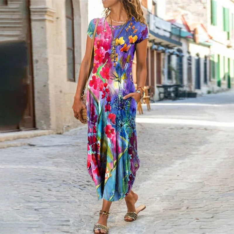 Women Floral Print Dress Short Sleeve Bohemian Long Dresses