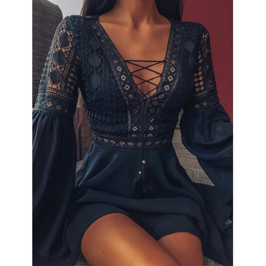 Women Sexy Crochet Lace V-Neck Party Dress Flare Sleeve Chiffon Mini Dress