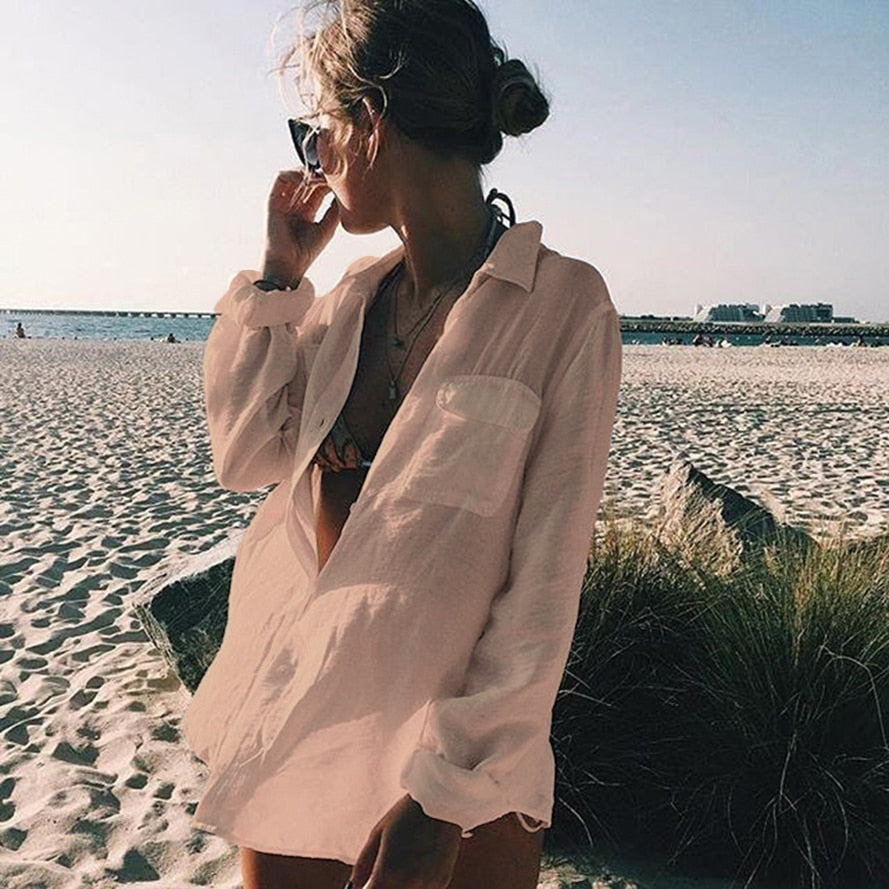 Women Summer Beach Wear Swim Suit Button Cover Up Blouse Fashion Tops