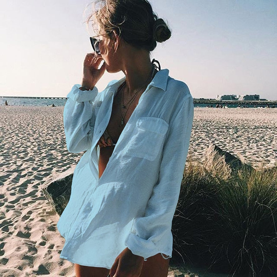 Women Summer Beach Wear Swim Suit Button Cover Up Blouse Fashion Tops