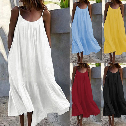 Round Neck Loose Casual Women Sling Solid Color Dress for Beach