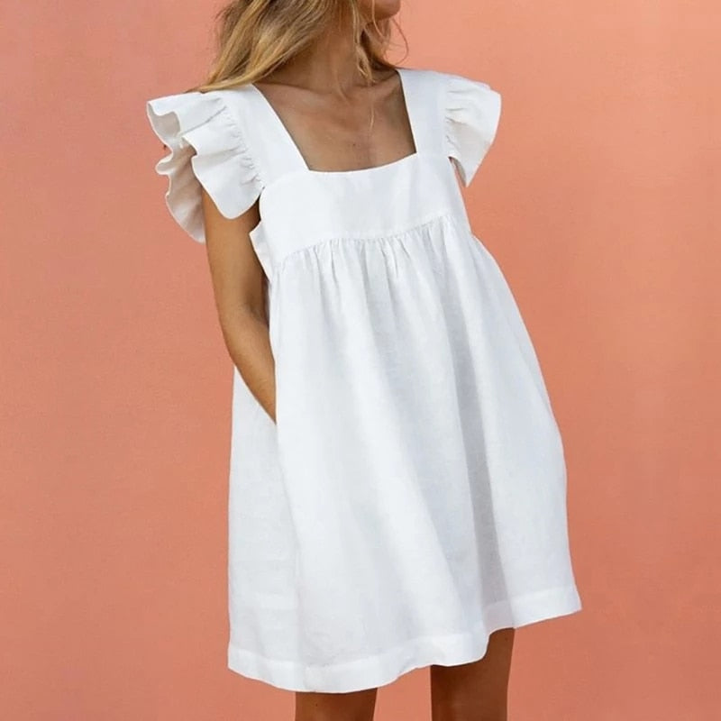 Women Ruffled Mini Dress Collar Pocket Dresses Elegant Butterfly Dresses