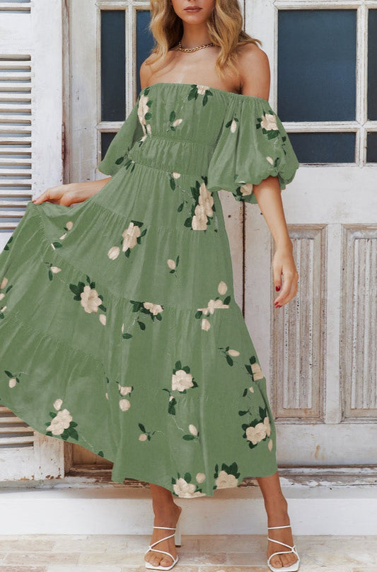 New Off-neck Off-the-shoulder Puff Sleeves Printed Dress