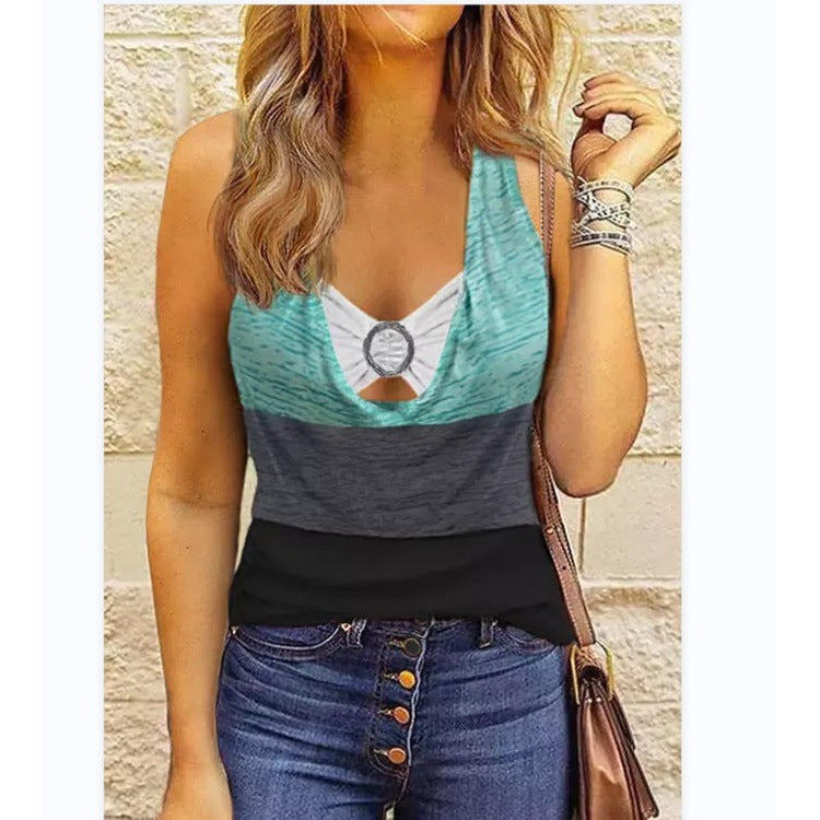 Summer New Women's Vest Printed Tied V-neck Top