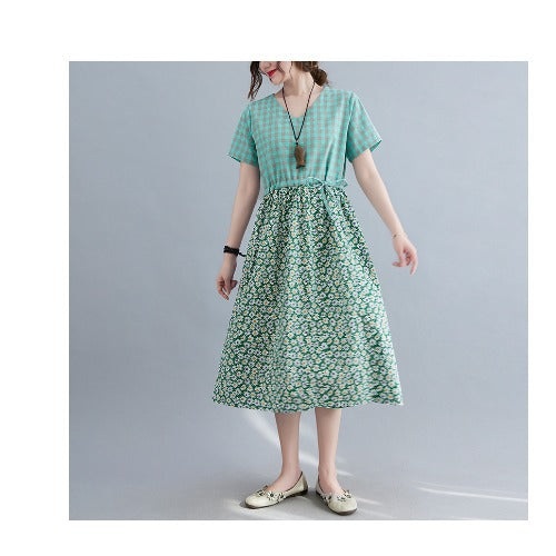 Summer New Artistic Loose Stitching Cotton And Linen Printed Short-sleeved Dress For Women