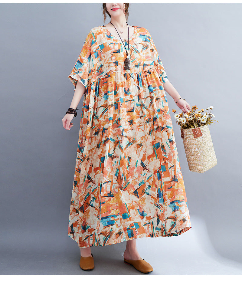 Summer New Artistic Retro Woven Cotton Printed Breathable Swing Dress For Women