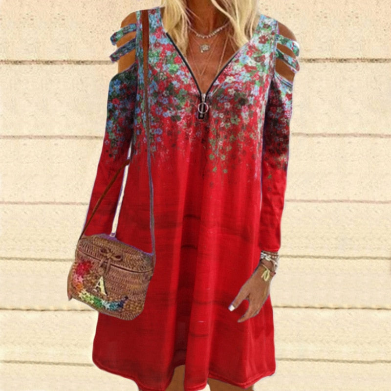 Women Vintage Floral Printed Mini Dress Long Sleeve Hollow V-Neck Zipper Dress