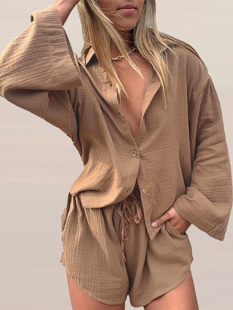 Women's Casual 2-Piece Solid Pocket Suit Single-Breasted Cardigan Shirt and Elastic-Waist Shorts