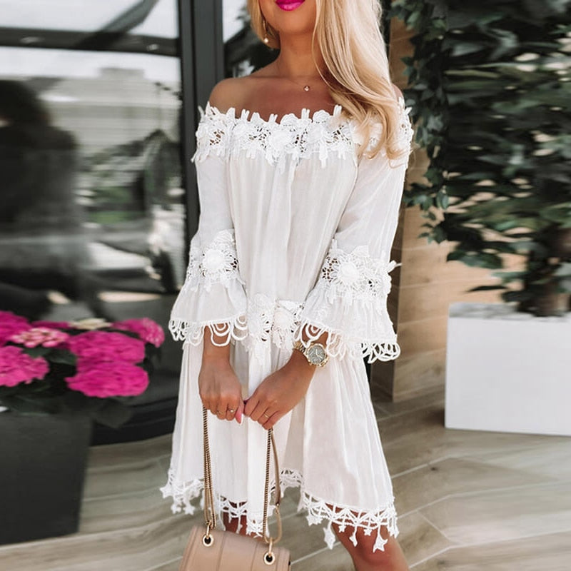 Women Elegant One Line Collar Flared Sleeve Mini Dress Summer Fashion White Embroidery Tassel Dress Casual Backless Loose Dress