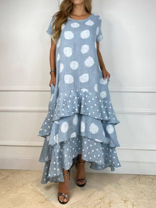 Women Sexy O Neck Dot Print Boho Beach Dress Ruffle Short Sleeve Maxi Dress Wrap Sundress Robe