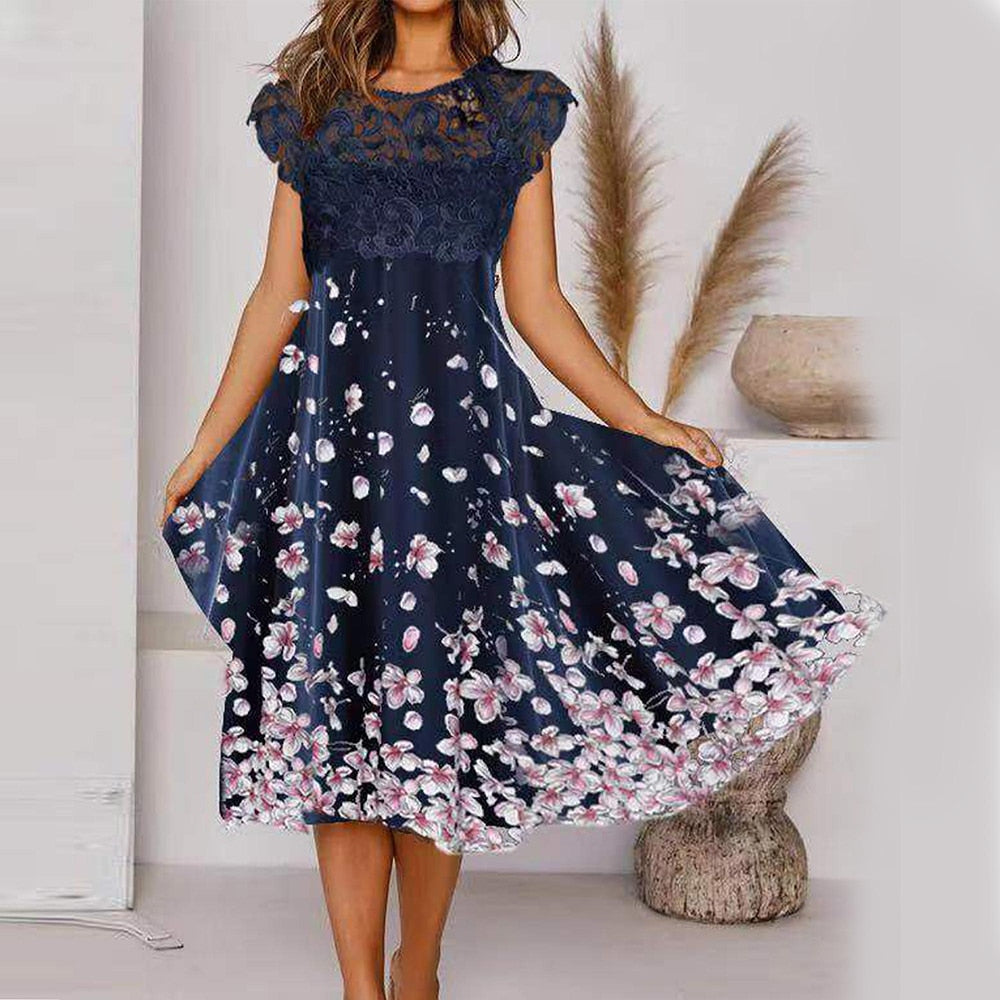 Women Summer Knee Length Printed Lace Floral Midi Dress