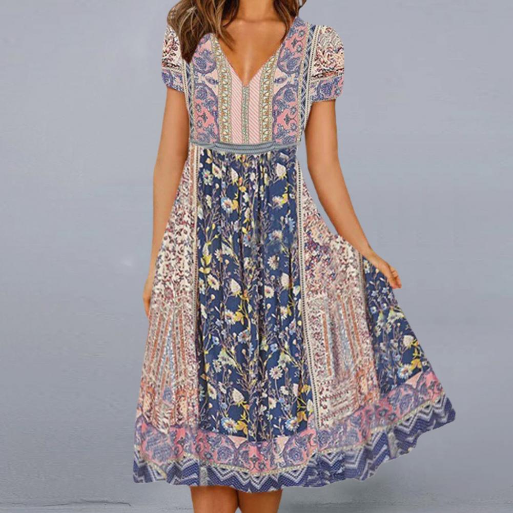 Women Dress Vintage Floral Print Splicing Design V-Neck Midi Dress