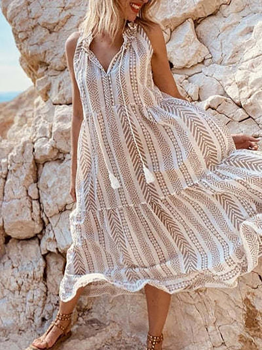 Women Retro Print Dresses Female Sleeveless V Neck Lace Up Long Dress